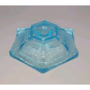 Vintage L.E. Smith Glass Ice Blue Candle Holder Oriental Garden Pagoda 6" MCM